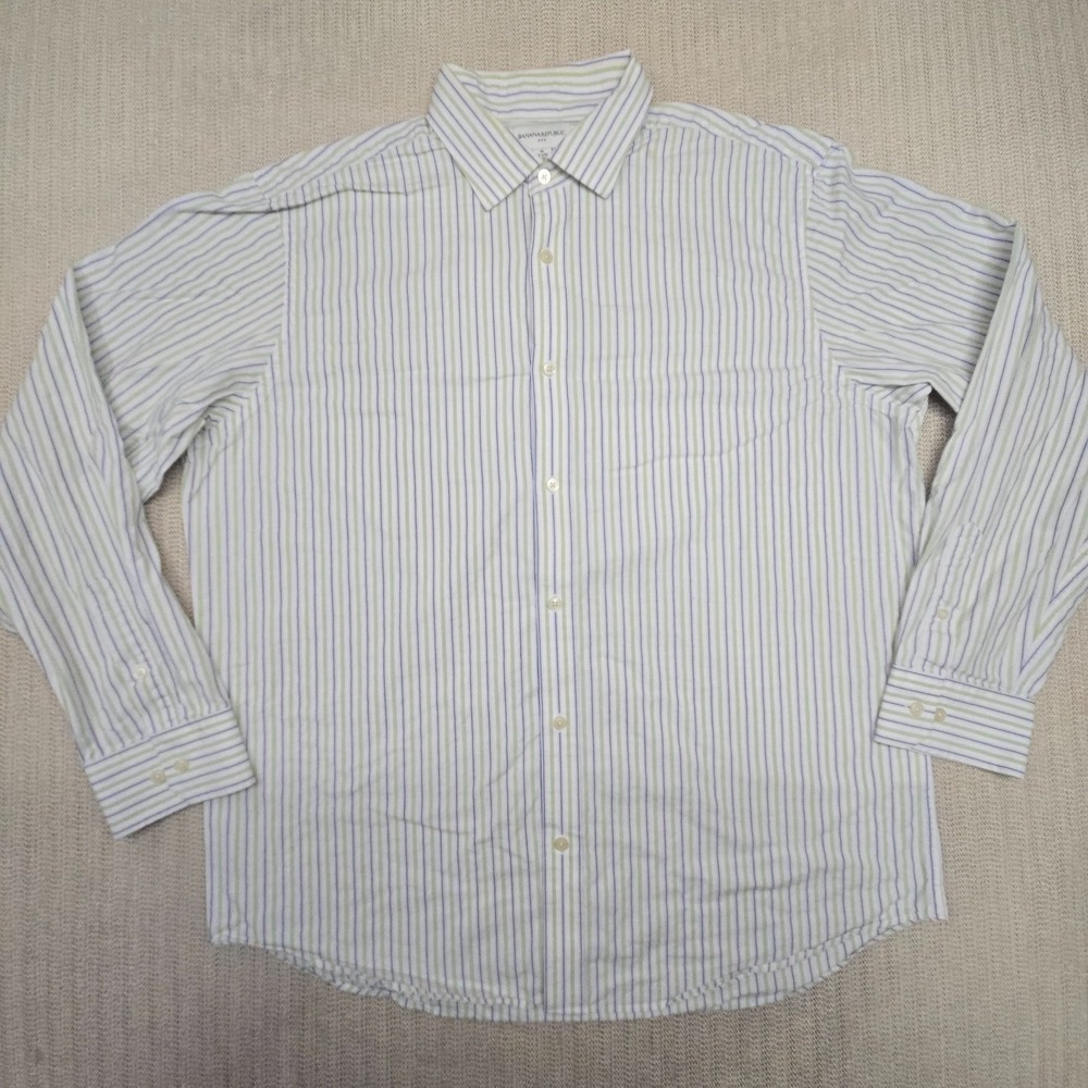 Banana Republic Shirt Mens XL White Beige Blue Striped Button Down Up Dress
